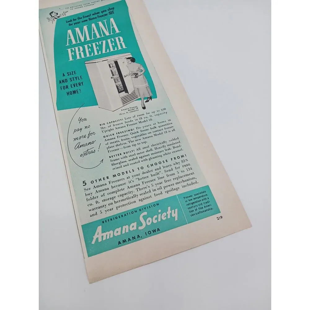 1949 Vintage Amana Freezer Model 18 White Water Heater Print Ad 1940s Housewife